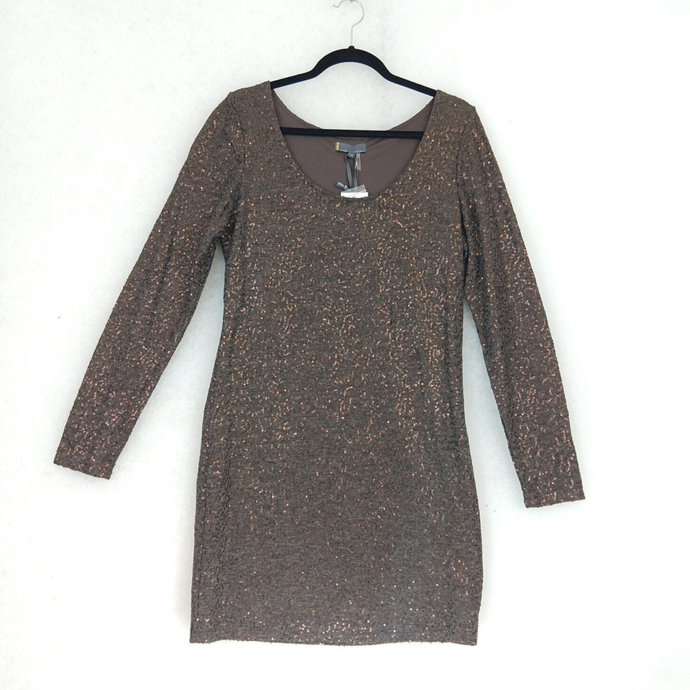Women's Large Sheath Dress Brown Copper Sequins Long Sleeves Scoop Neck Lined